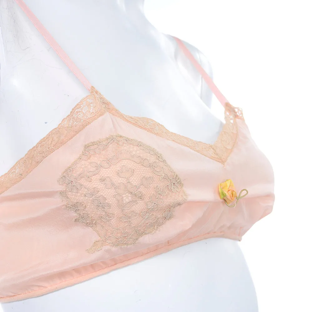 1930's Pink Silk Bra & Tap Pants Set w/ Lace Details