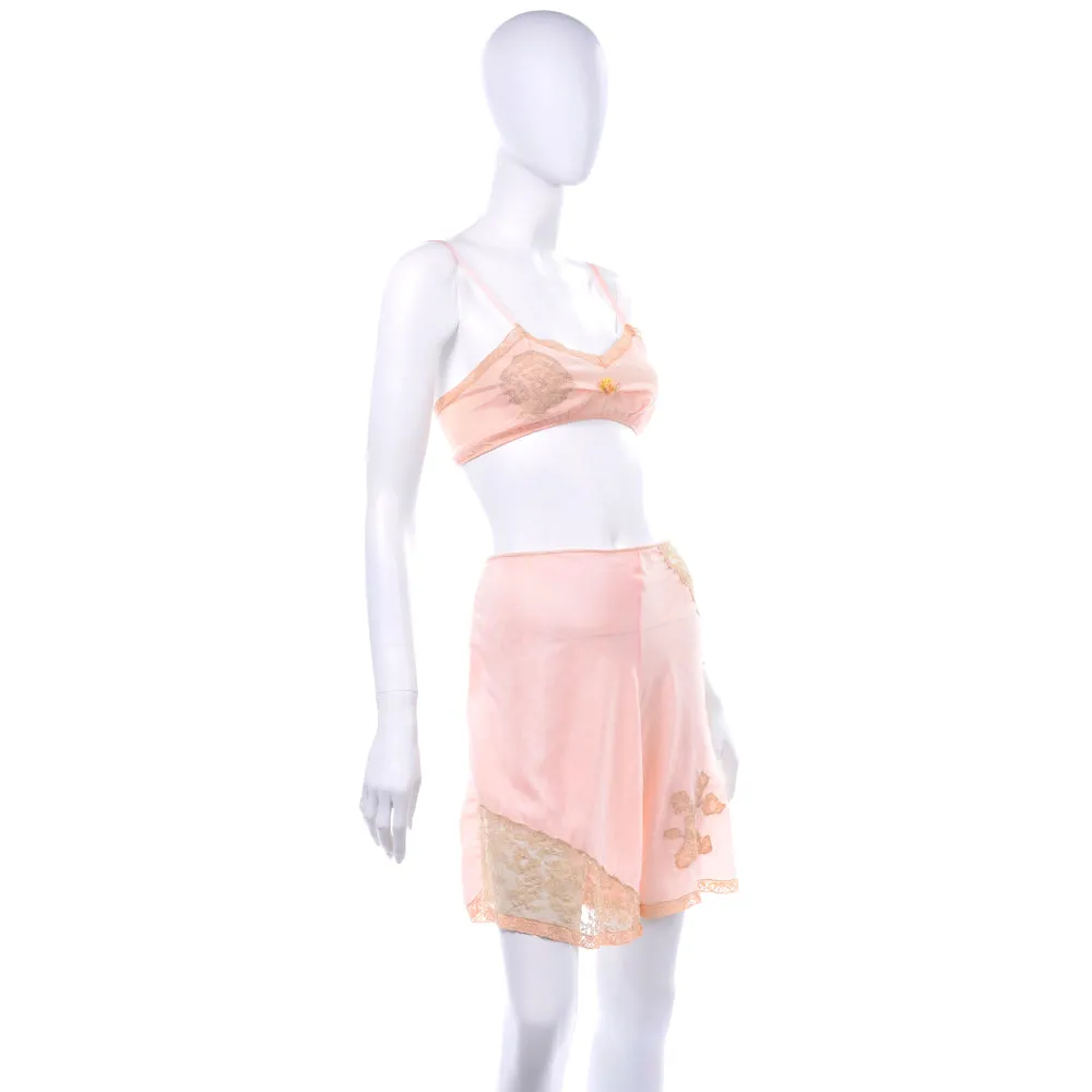 1930's Pink Silk Bra & Tap Pants Set w/ Lace Details