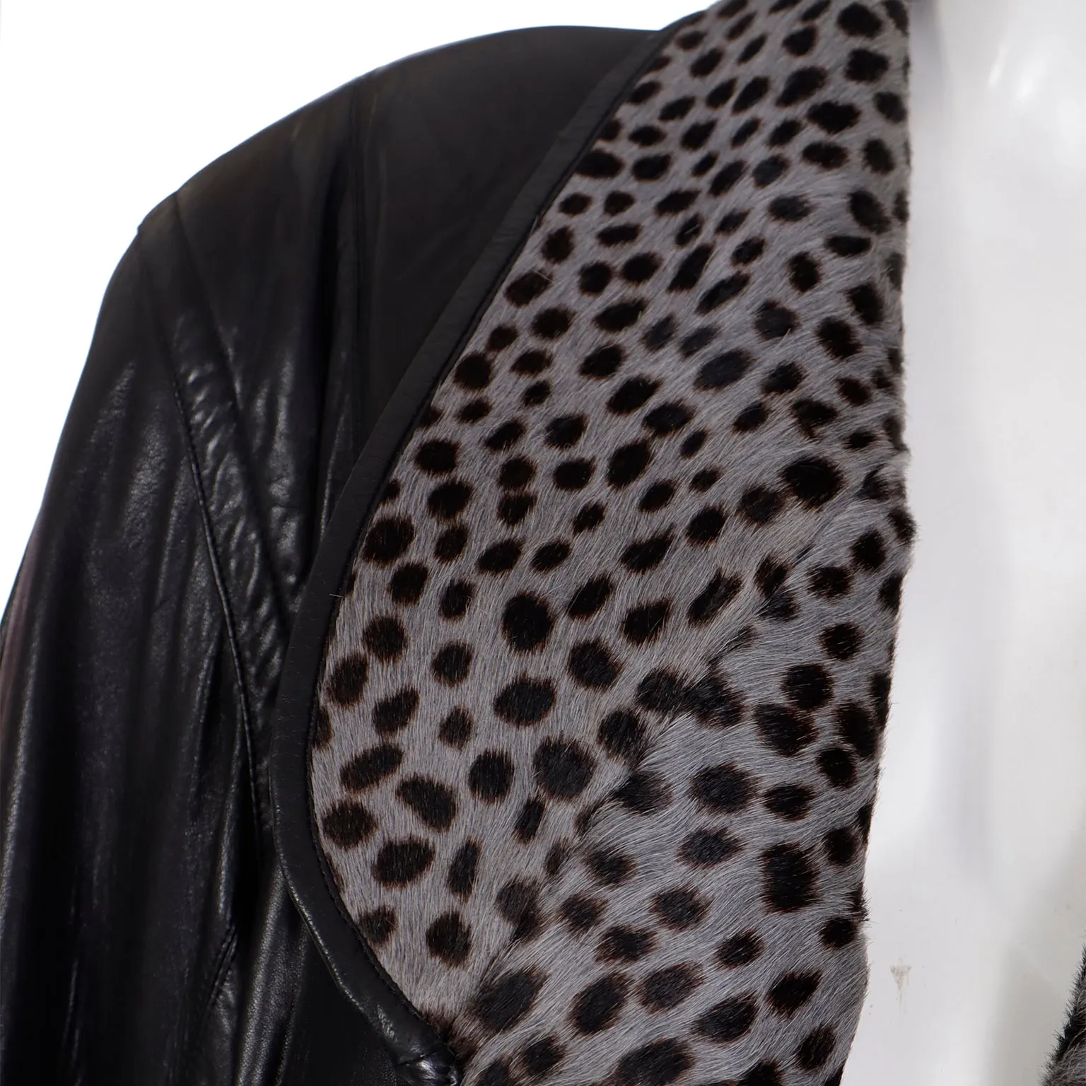 1980s Marc Buchanan Pelle Pelle Black Leather Coat With Leopard Dyed Pony Fur