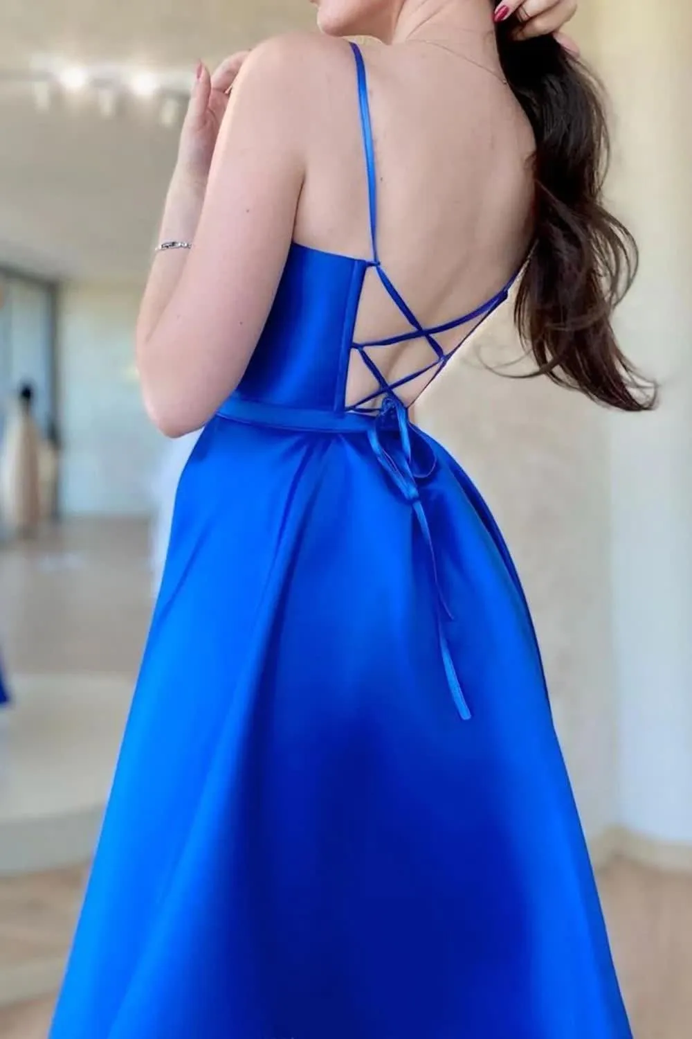 A Line Spaghetti Straps Royal Blue Long Prom Dress with Split Front