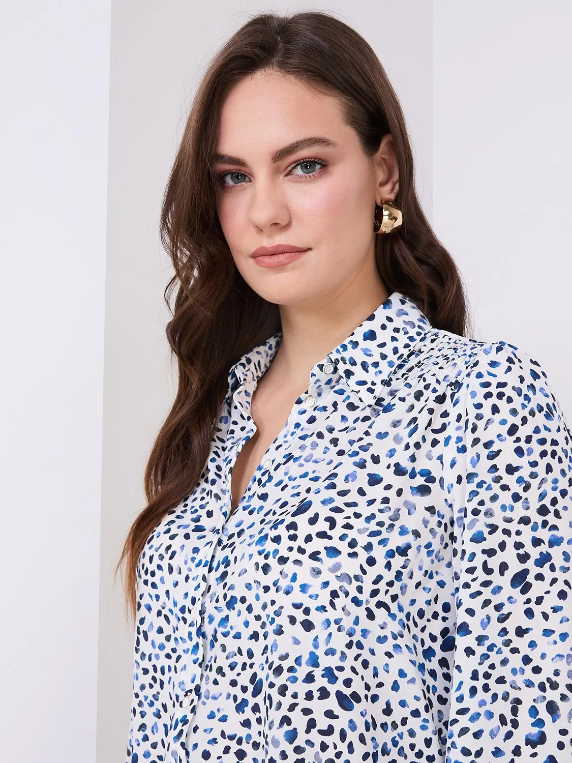 Abstract Print Button-Front Blouse With Smocked Details