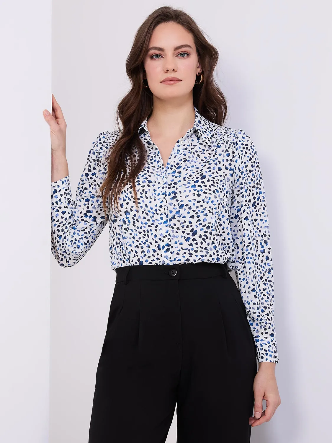 Abstract Print Button-Front Blouse With Smocked Details