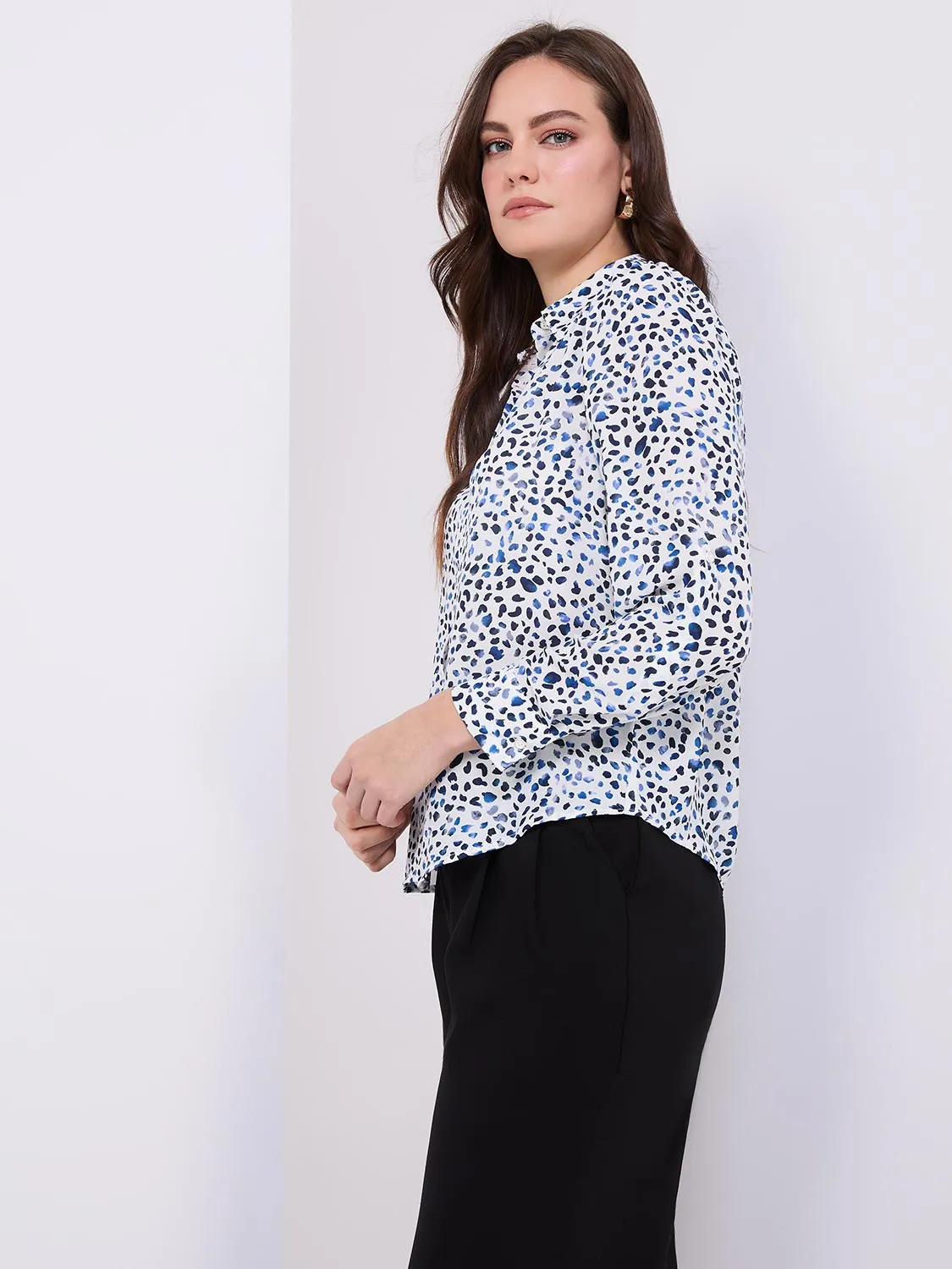 Abstract Print Button-Front Blouse With Smocked Details