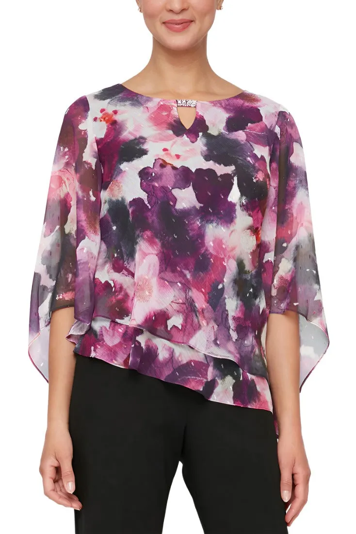 Alex Evenings Boat Neck 3/4 Sleeves Printed Asymmetric Double Tier Hem Blouse