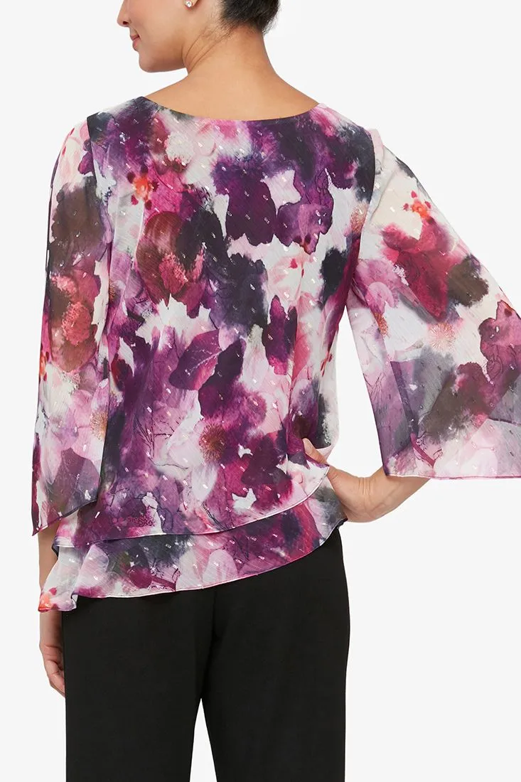 Alex Evenings Boat Neck 3/4 Sleeves Printed Asymmetric Double Tier Hem Blouse