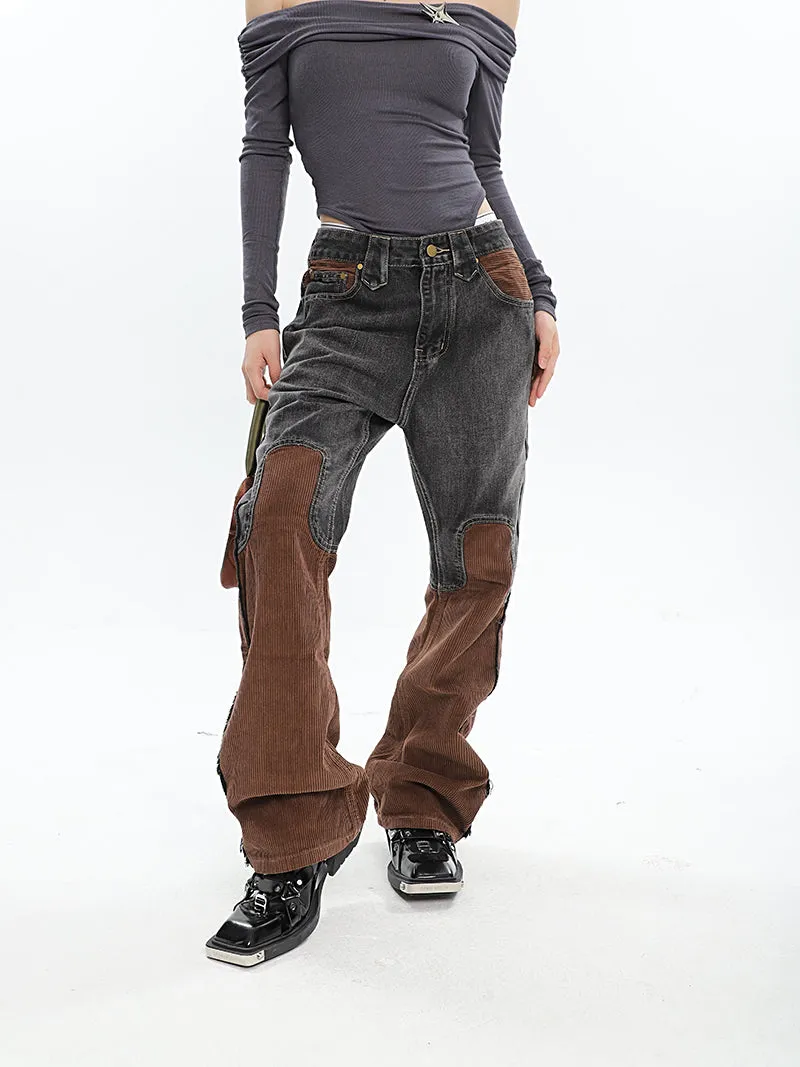 Ashly Patchwork Grey Brown High Waisted Denim Corduroy Pants