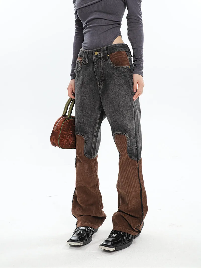 Ashly Patchwork Grey Brown High Waisted Denim Corduroy Pants