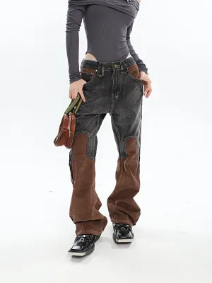 Ashly Patchwork Grey Brown High Waisted Denim Corduroy Pants