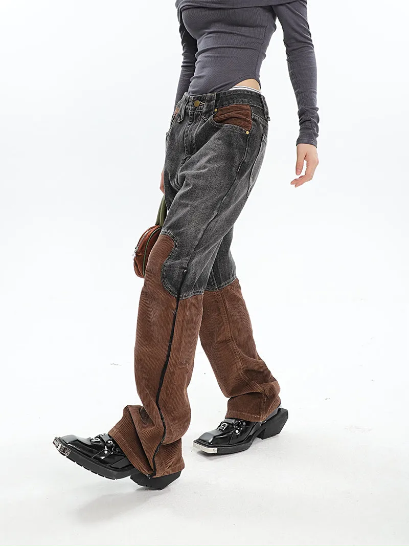 Ashly Patchwork Grey Brown High Waisted Denim Corduroy Pants