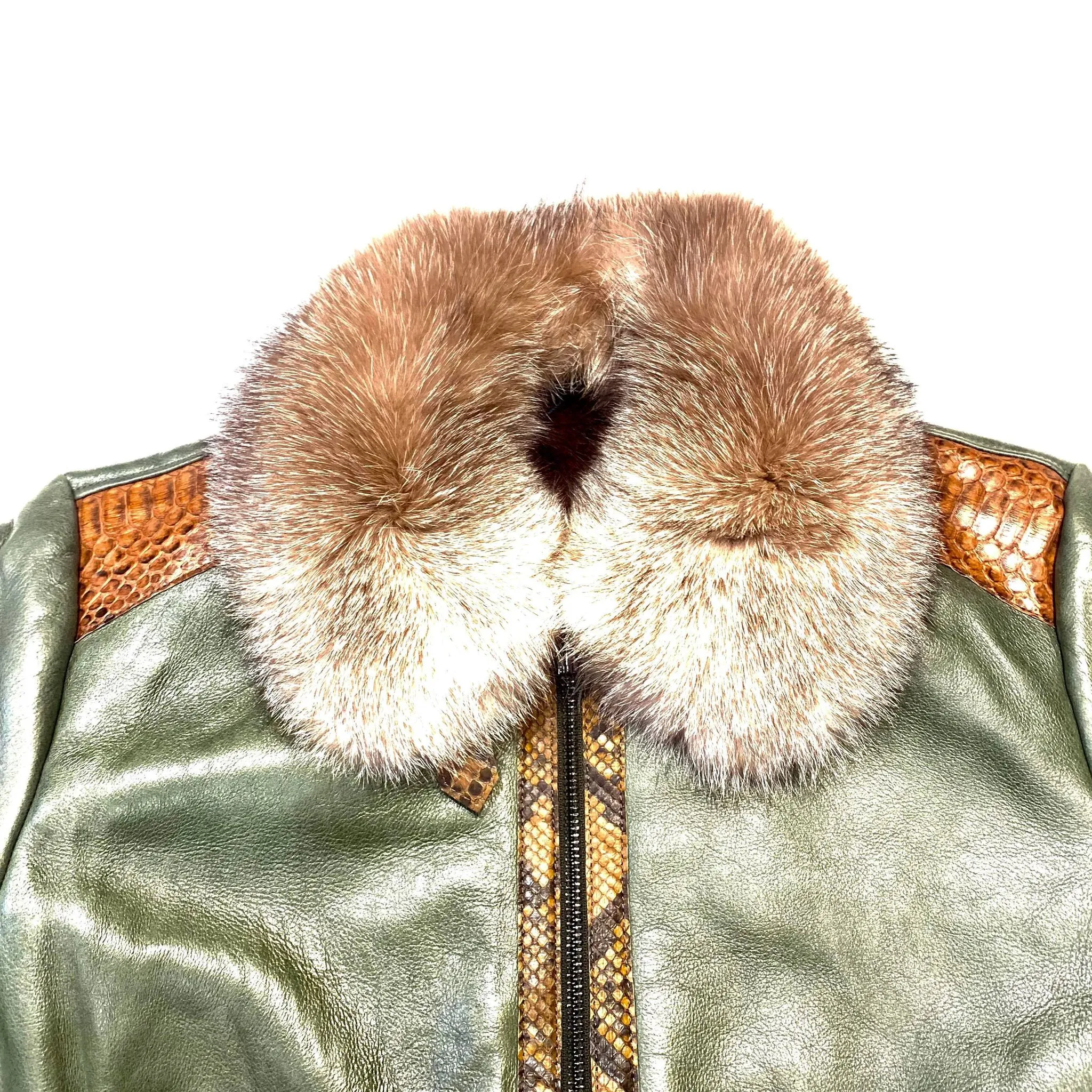 Barya NewYork Olive Cognac Python Fox Shearling Bomber Jacket