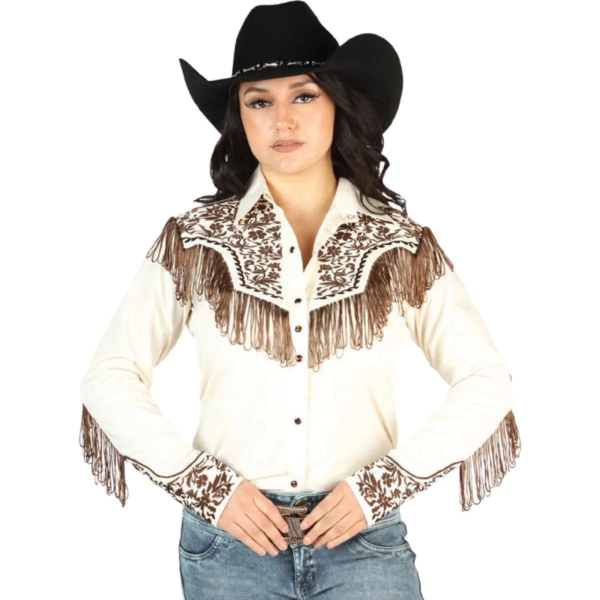 Beige Cowgirl Tops With Fringe