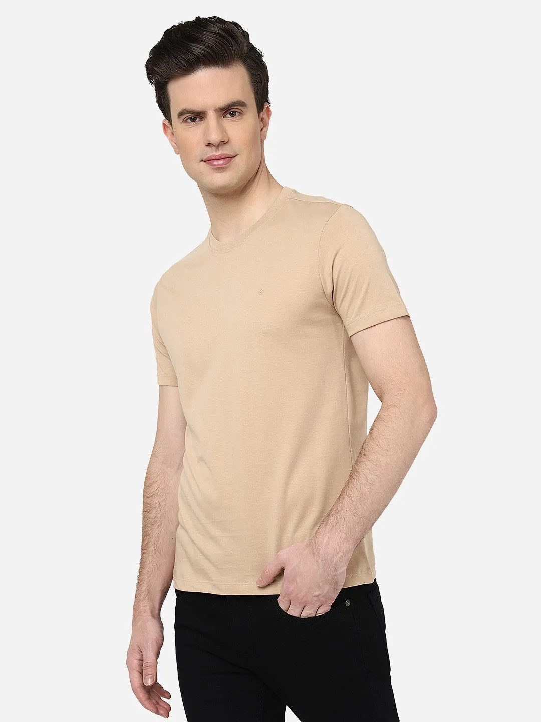 Beige Solid Slim Fit T-Shirt | Greenfibre