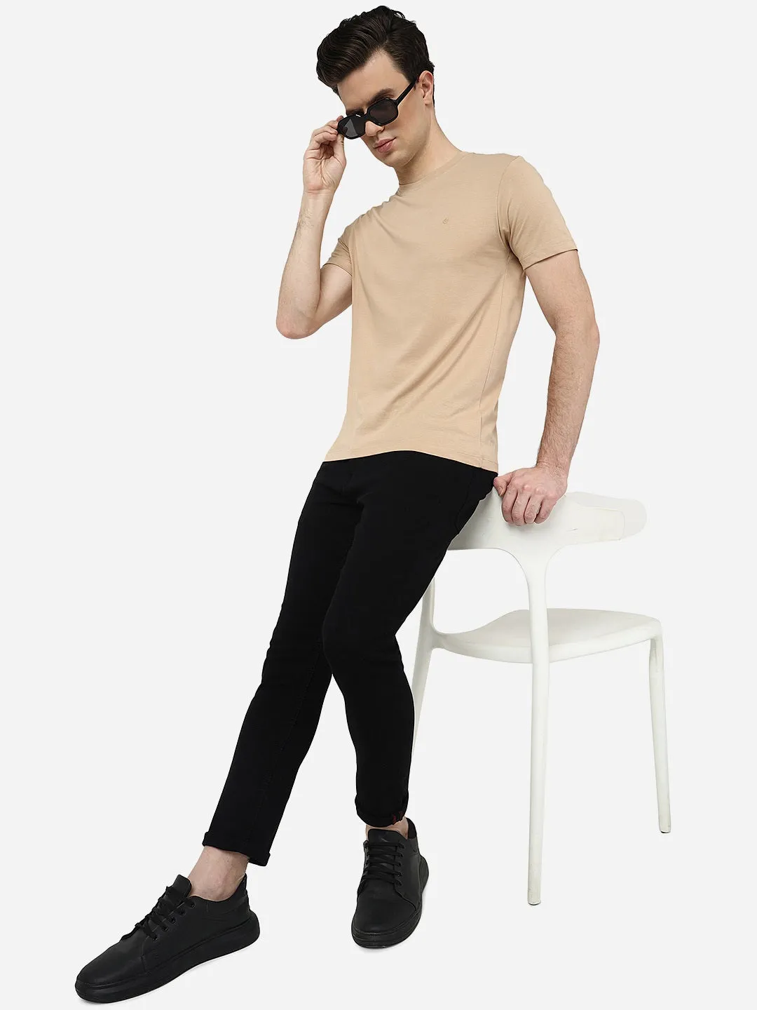 Beige Solid Slim Fit T-Shirt | Greenfibre