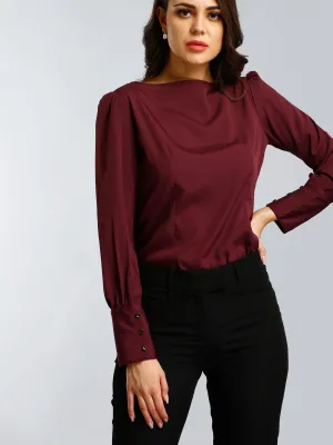 Boat Neck Top With Gather Details - Maroon