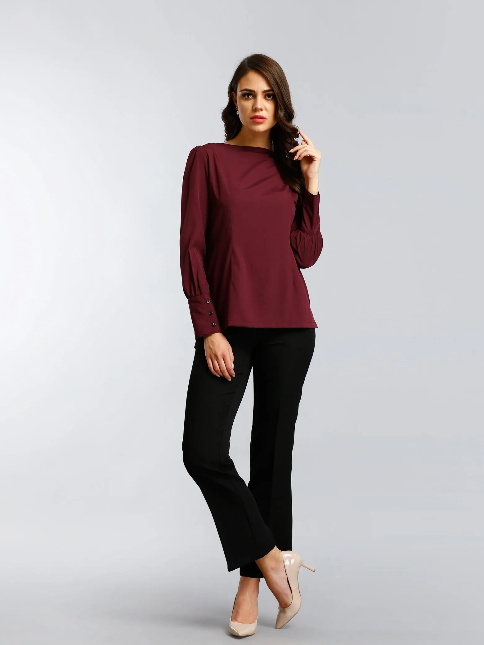 Boat Neck Top With Gather Details - Maroon