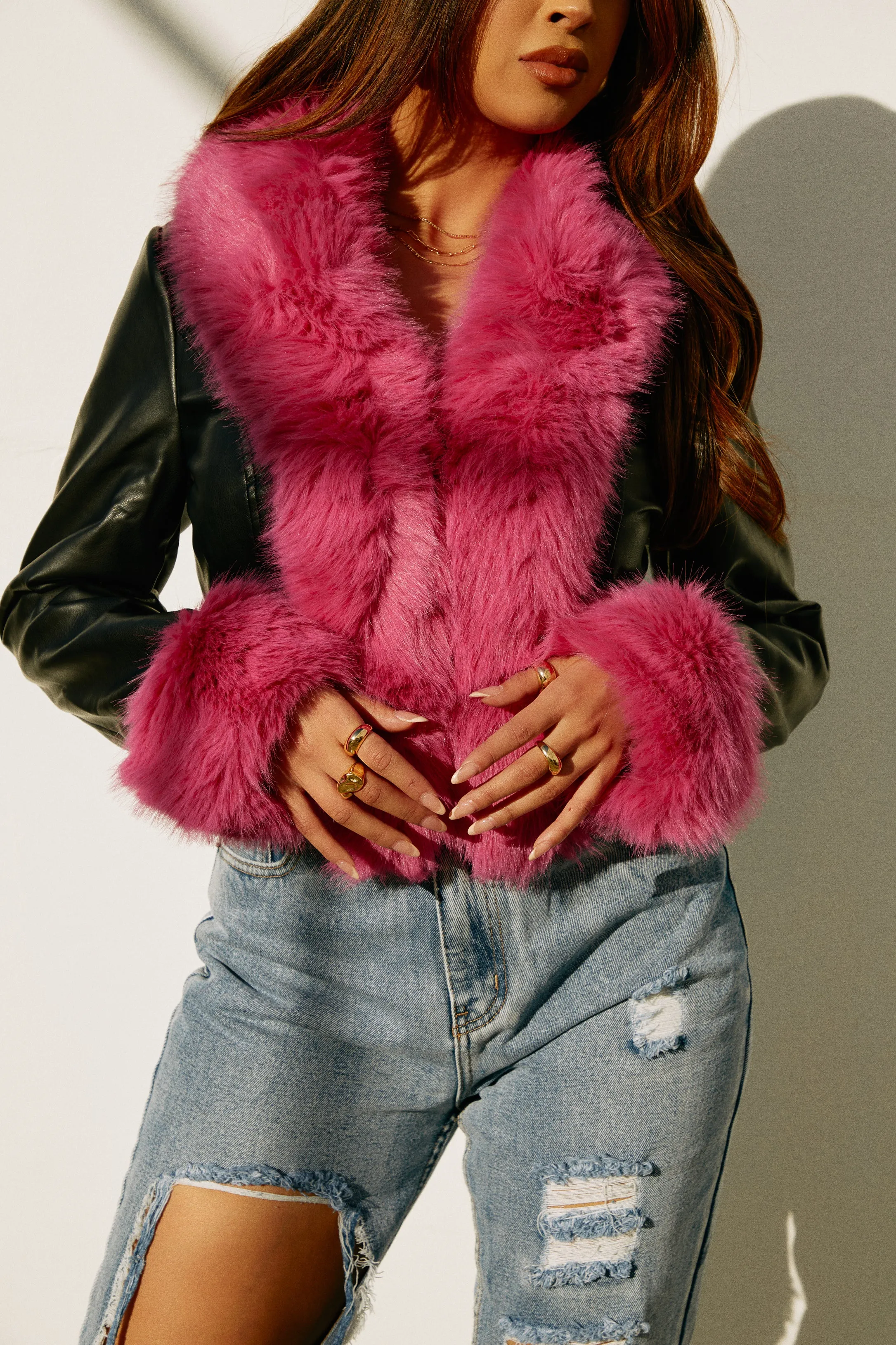 Camila Faux Fur PU Jacket - Black Pink