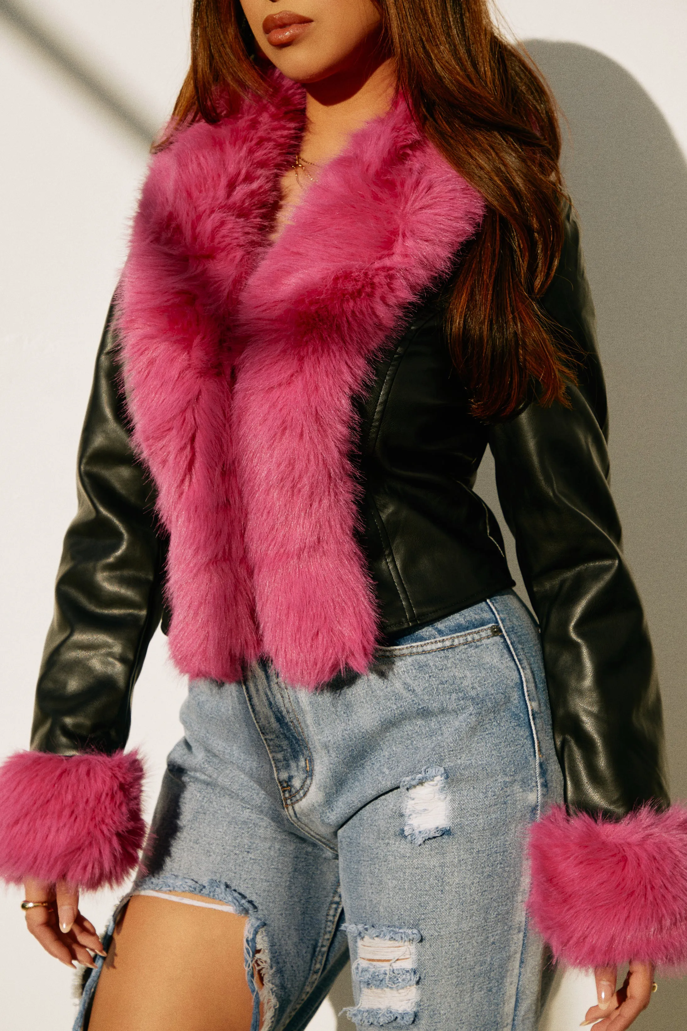 Camila Faux Fur PU Jacket - Black Pink