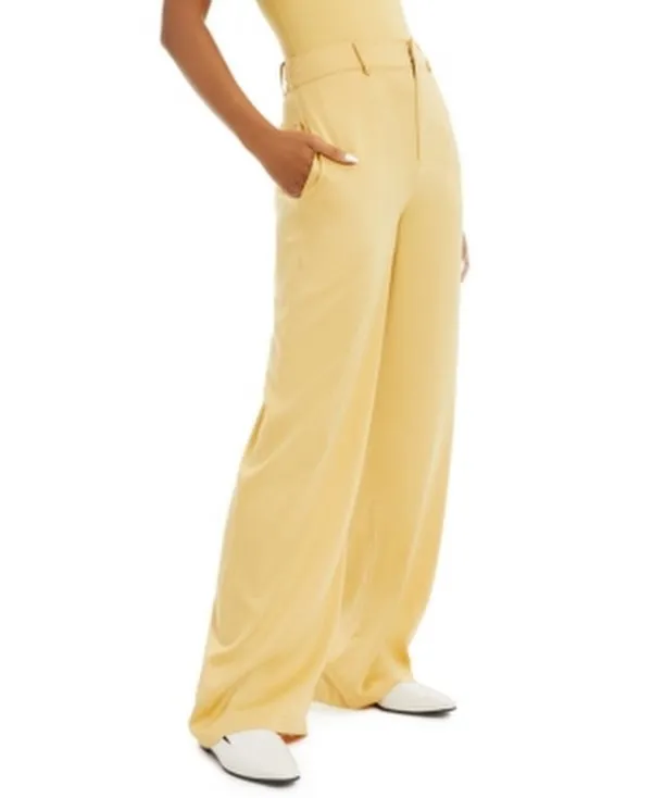 Danielle Bernstein Womens Yellow Pocketed Zippered Satin Straight Leg Pants 4