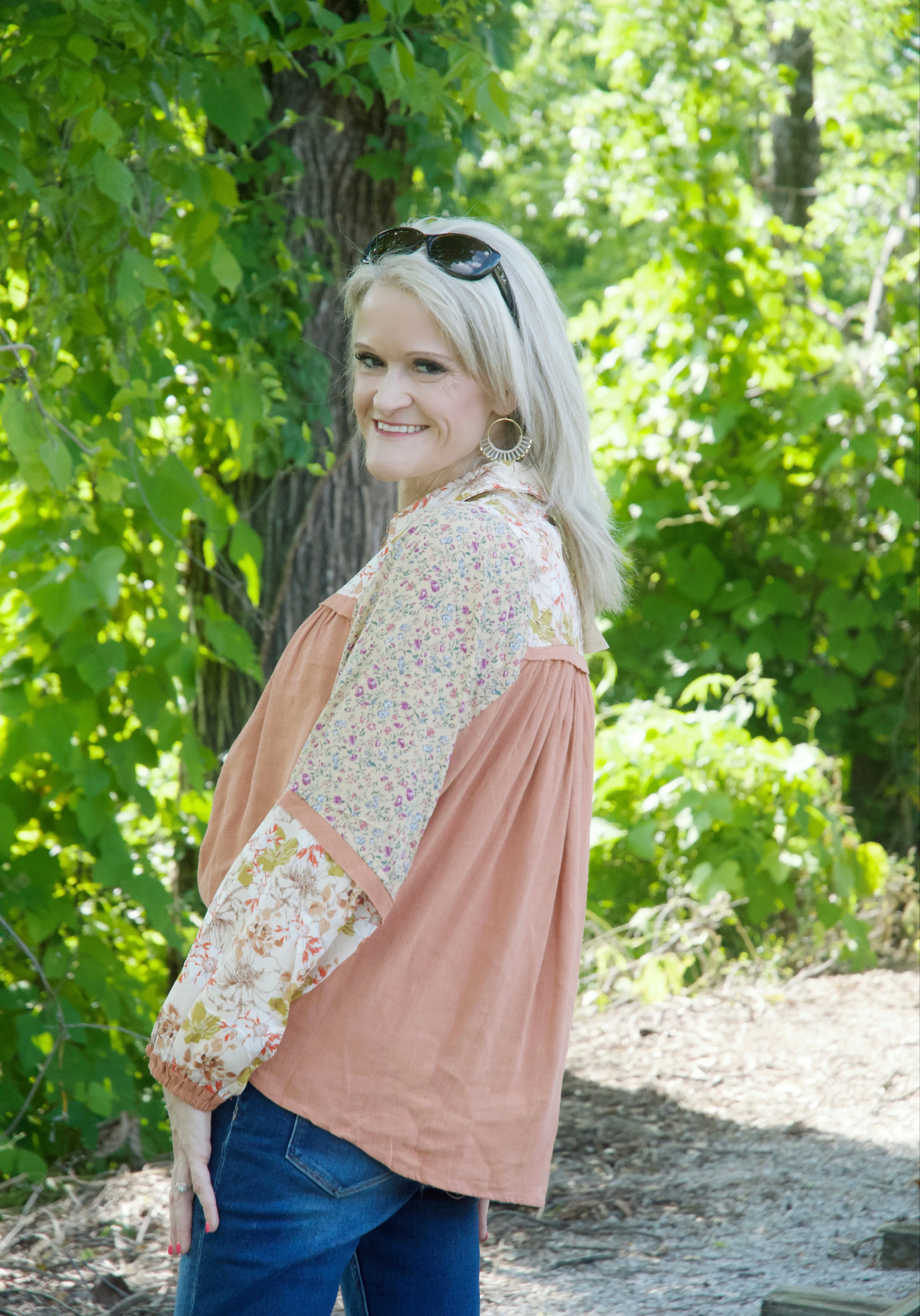 Easel Babydoll Top with Mixed Print Details in Terra Cotta