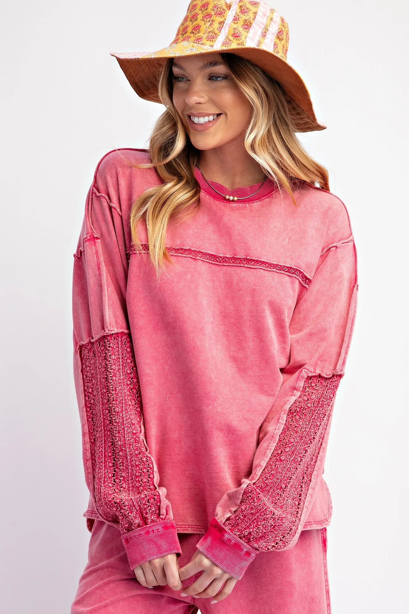 Easel Mineral Washed Top with Crochet Details in Crimson