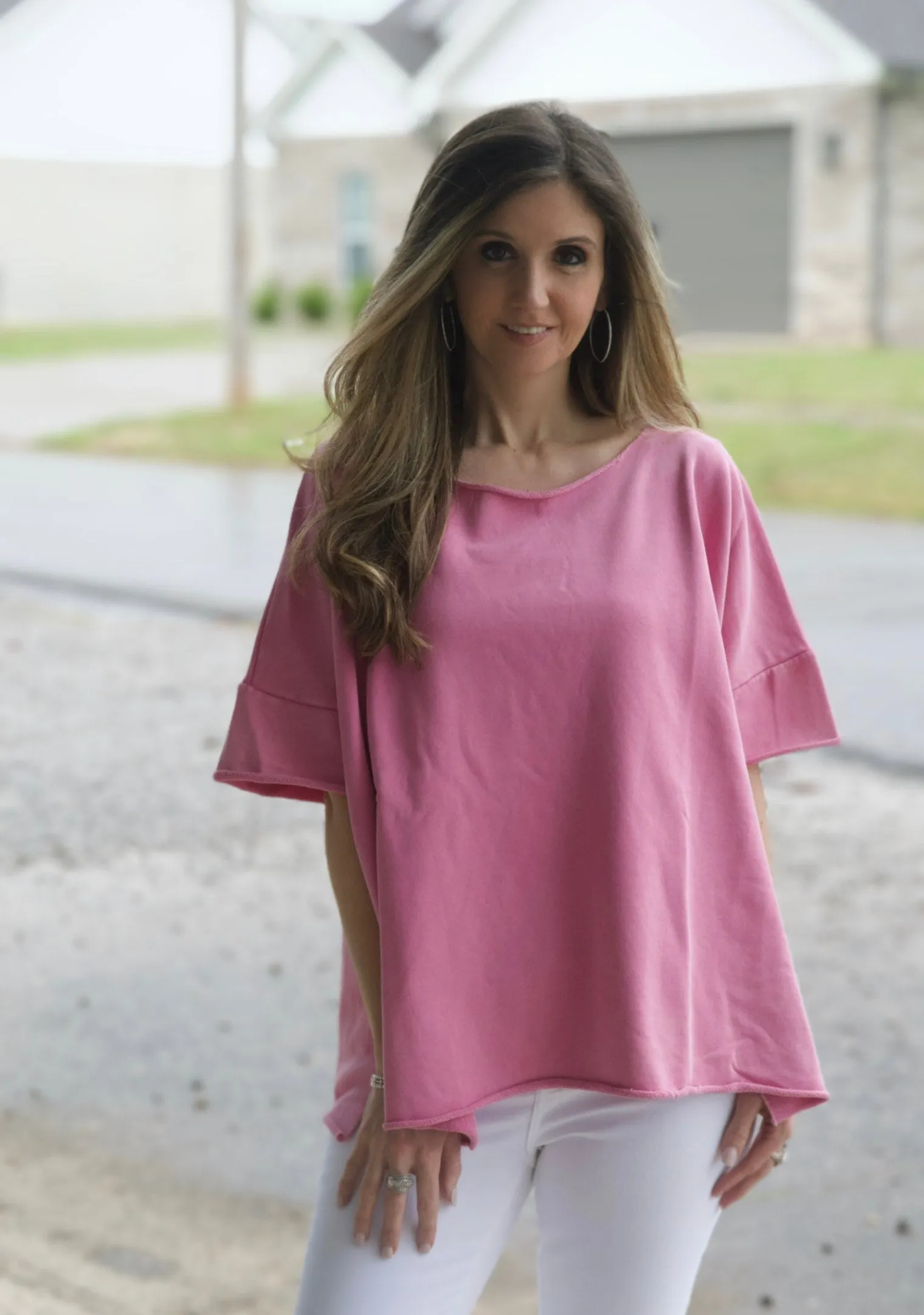 Easel Solid Color Terry Knit Top with Raw Cut Details in Malibu Pink FINAL SALE