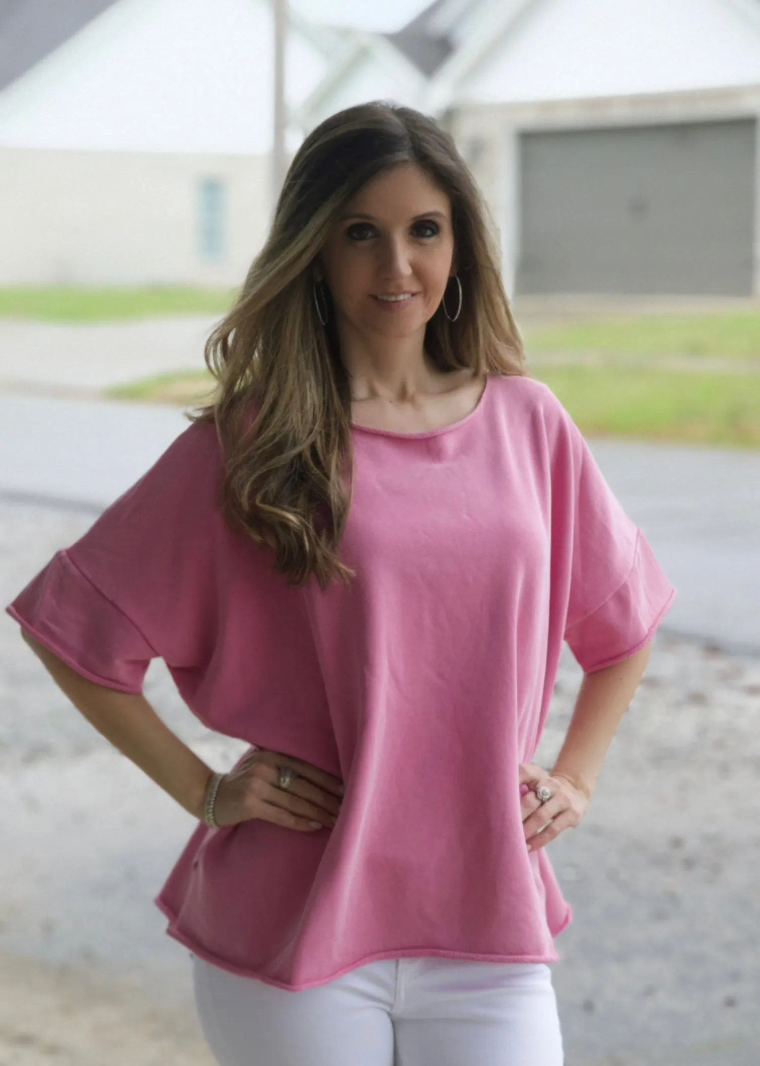 Easel Solid Color Terry Knit Top with Raw Cut Details in Malibu Pink FINAL SALE