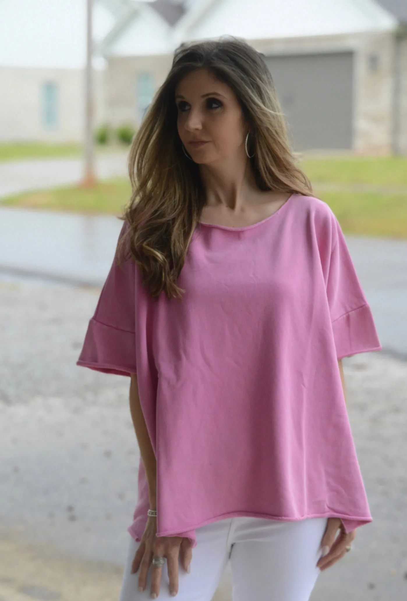 Easel Solid Color Terry Knit Top with Raw Cut Details in Malibu Pink FINAL SALE