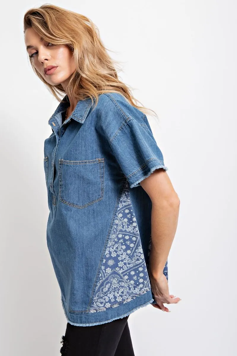 Easel Washed Denim Shirt with Bandana Details