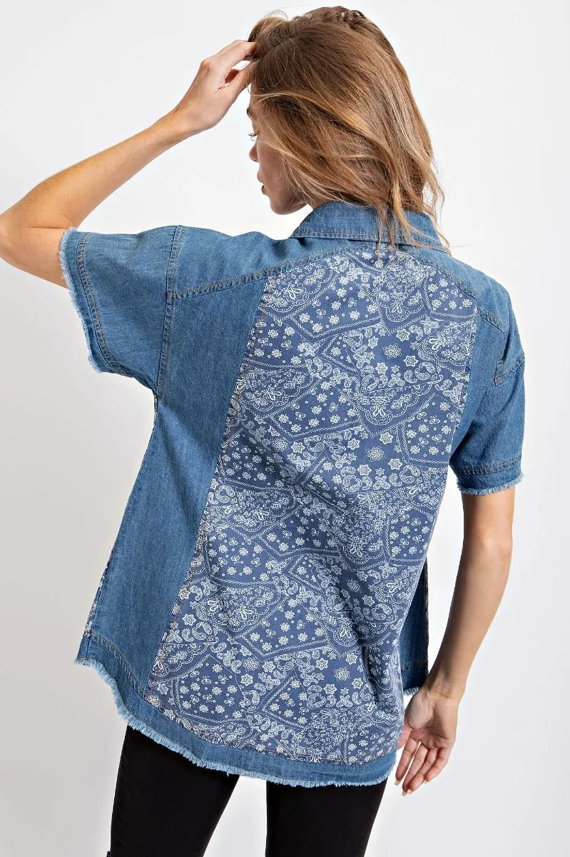 Easel Washed Denim Shirt with Bandana Details