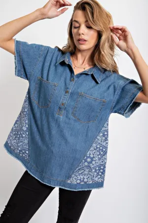 Easel Washed Denim Shirt with Bandana Details