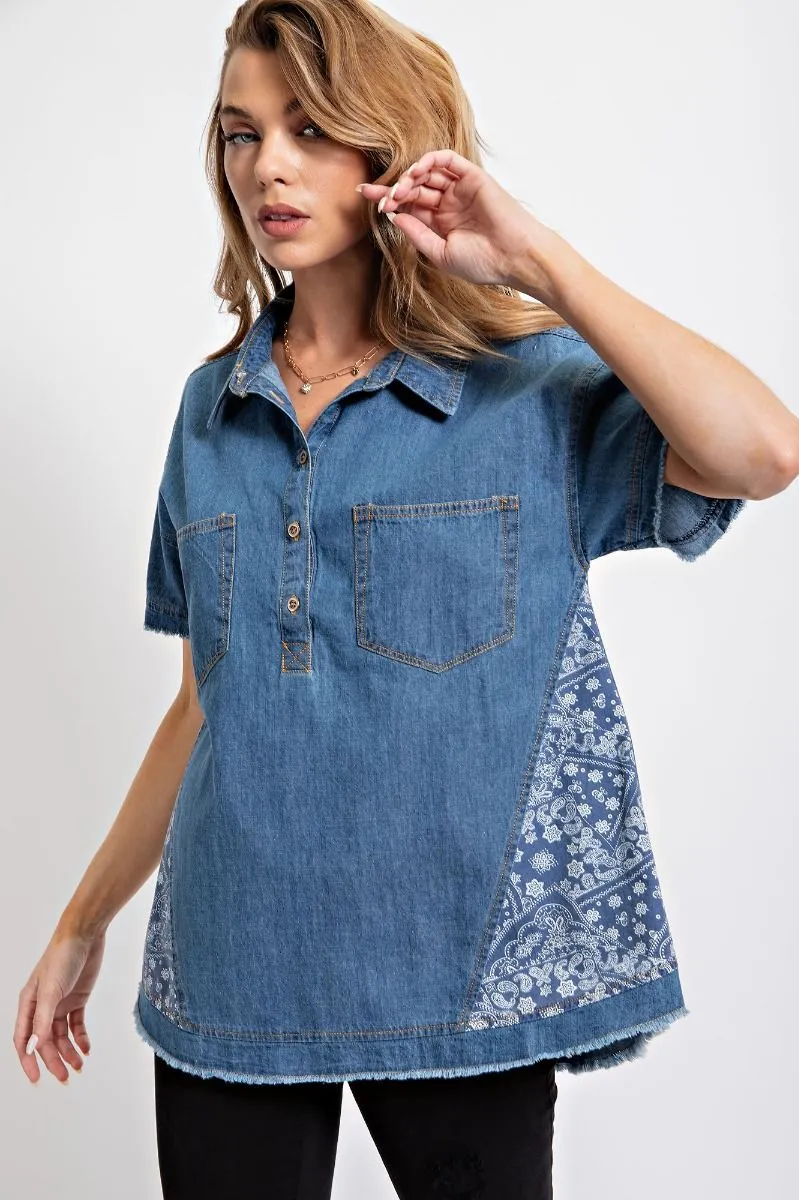 Easel Washed Denim Shirt with Bandana Details