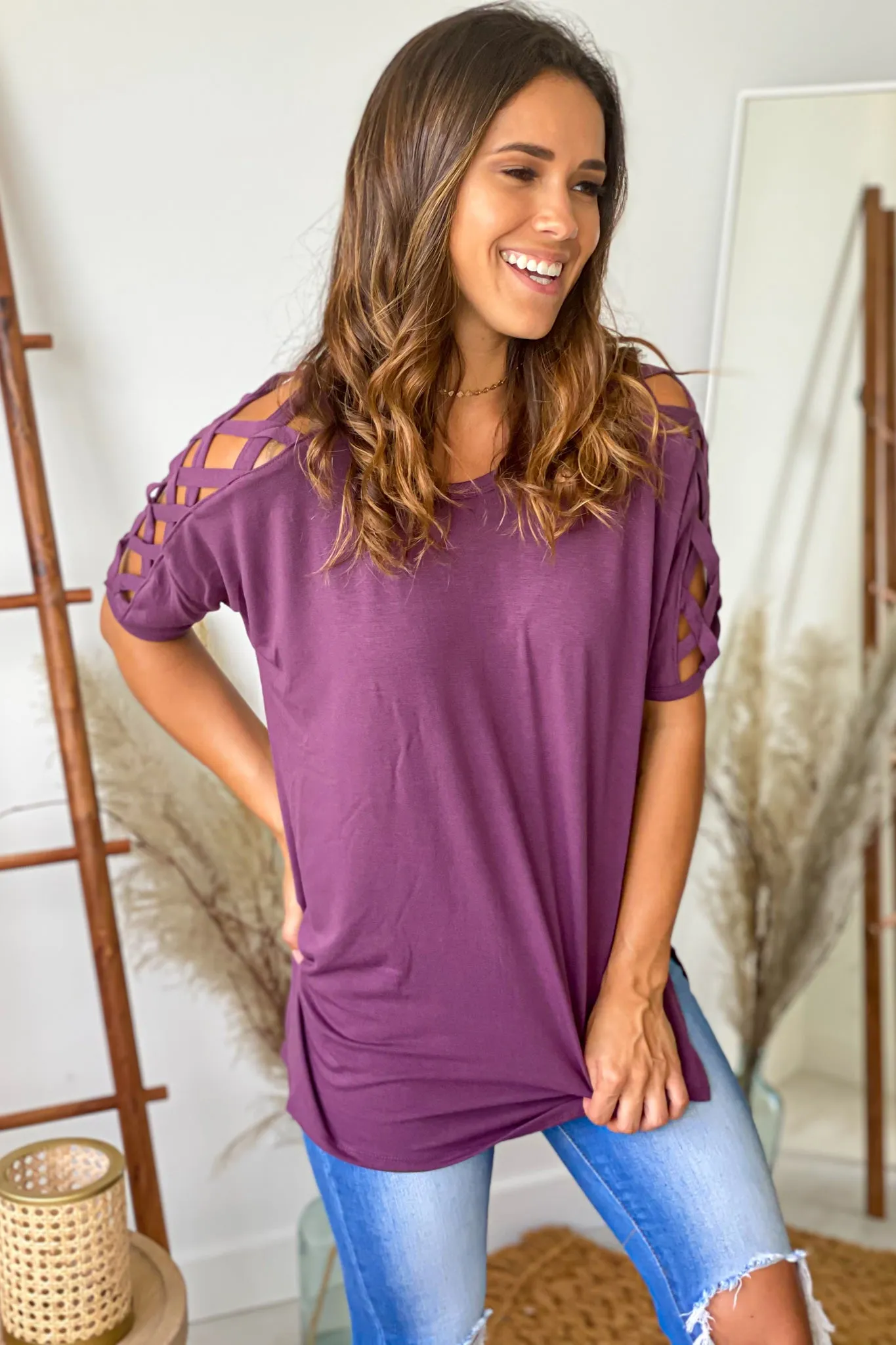 Eggplant Oversized Top with Strappy Details