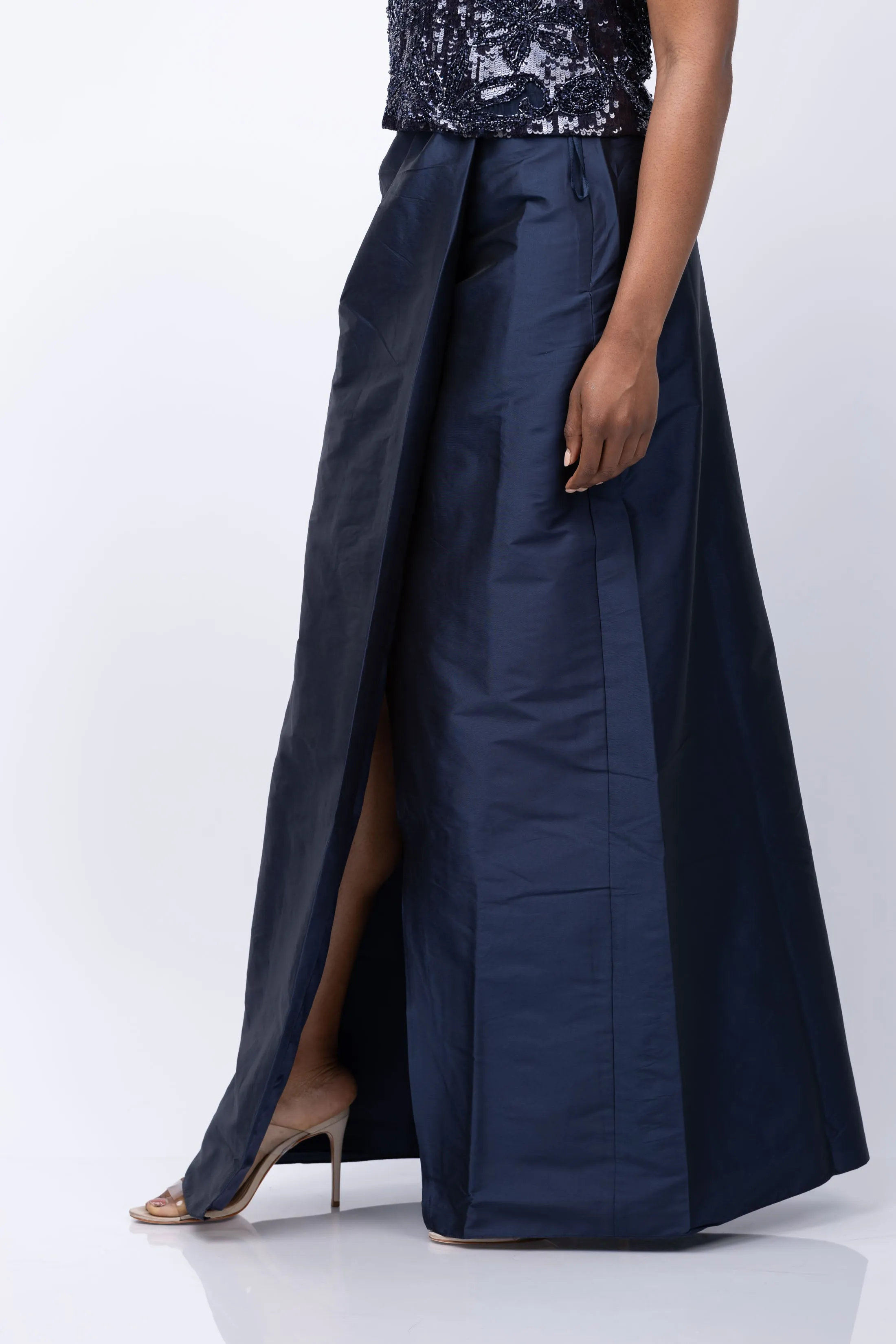 Emily Shalant Taffeta Slim Wrap Skirt in Navy