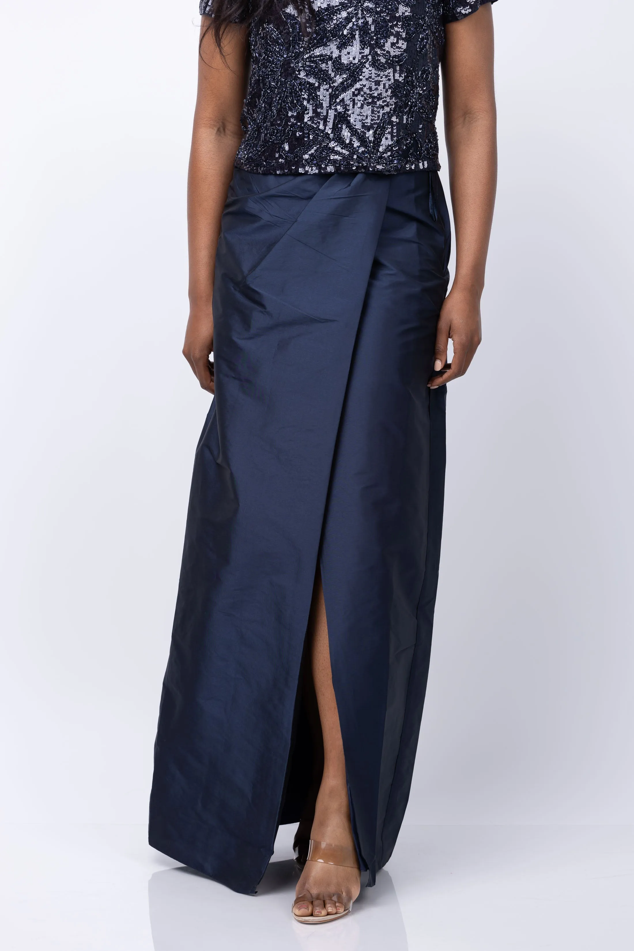 Emily Shalant Taffeta Slim Wrap Skirt in Navy