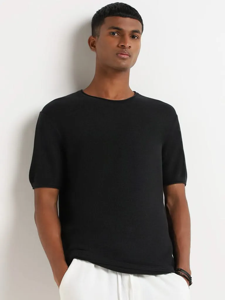 ETA Black Self Patterned Cotton Slim Fit T-Shirt