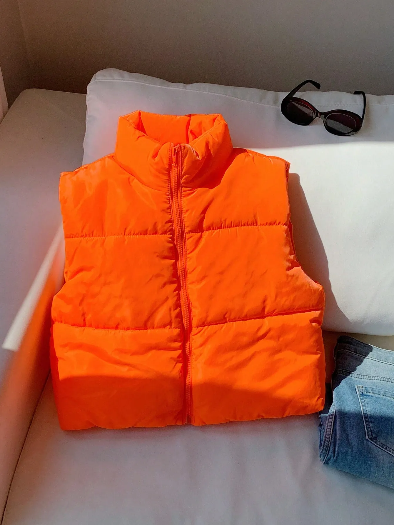 EZwear Neon-Orange Zip Up Vest Padded Coat