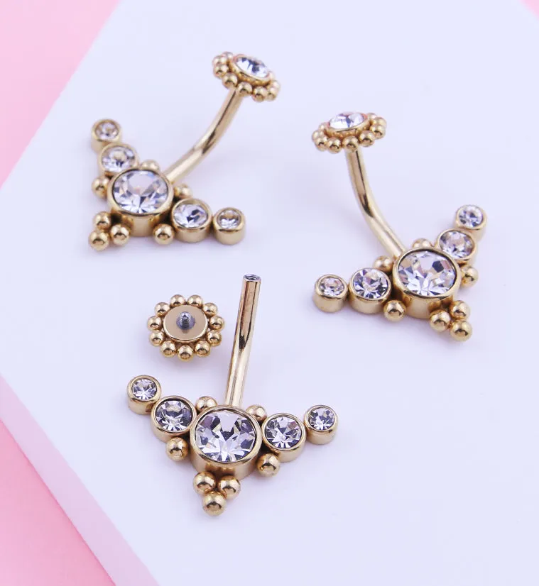 Gold PVD Quinary Curve Clear CZ Beaded Top Internally Threaded Stainless Steel Belly Button Ring