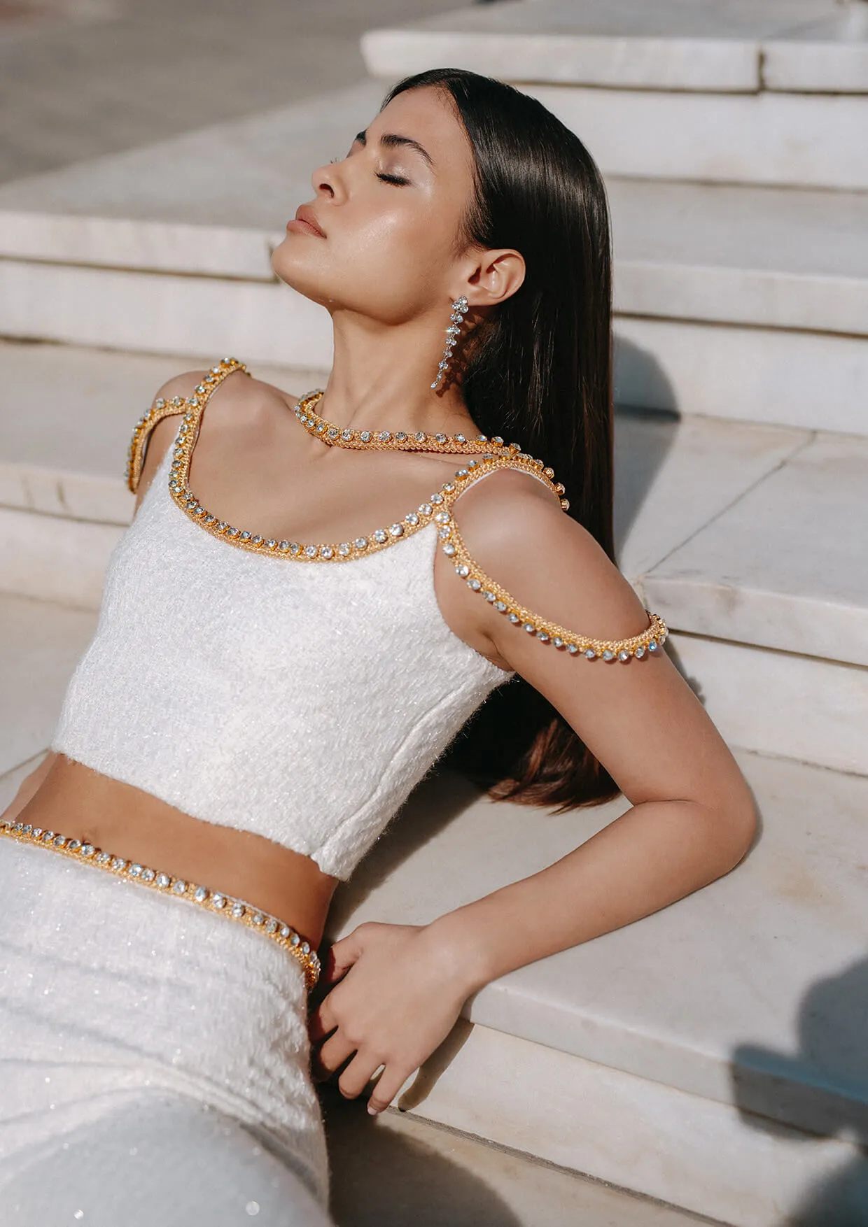 Gold Thread Embroidered Tweed Crop Top