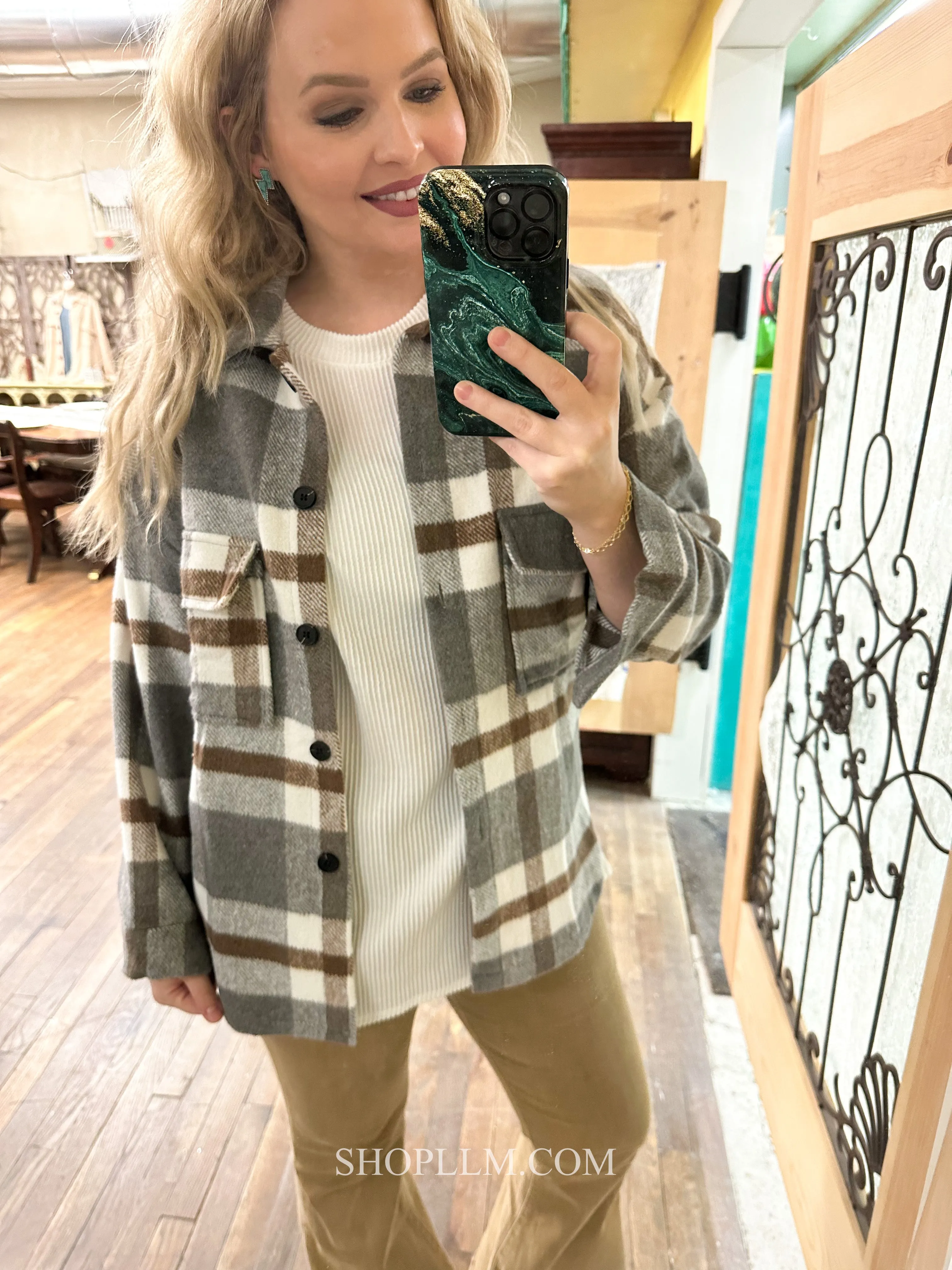 Grey Plaid Shacket Button Down