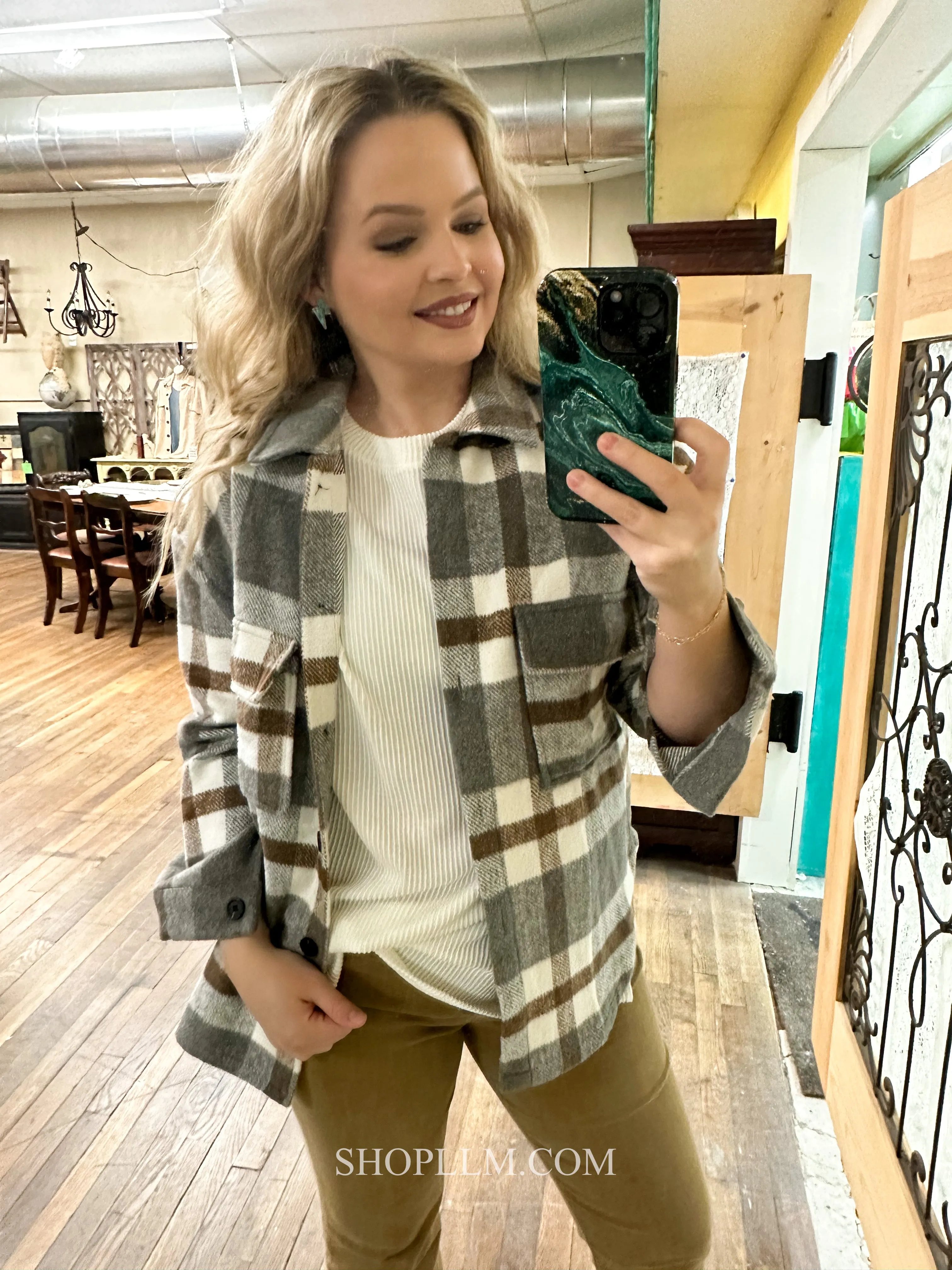 Grey Plaid Shacket Button Down