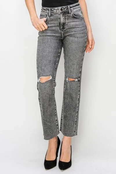 High Waist Distressed Straight Jeans