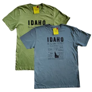 Idaho Facts T-shirt, screen printed with eco-friendly waterbased inks, adult sizes