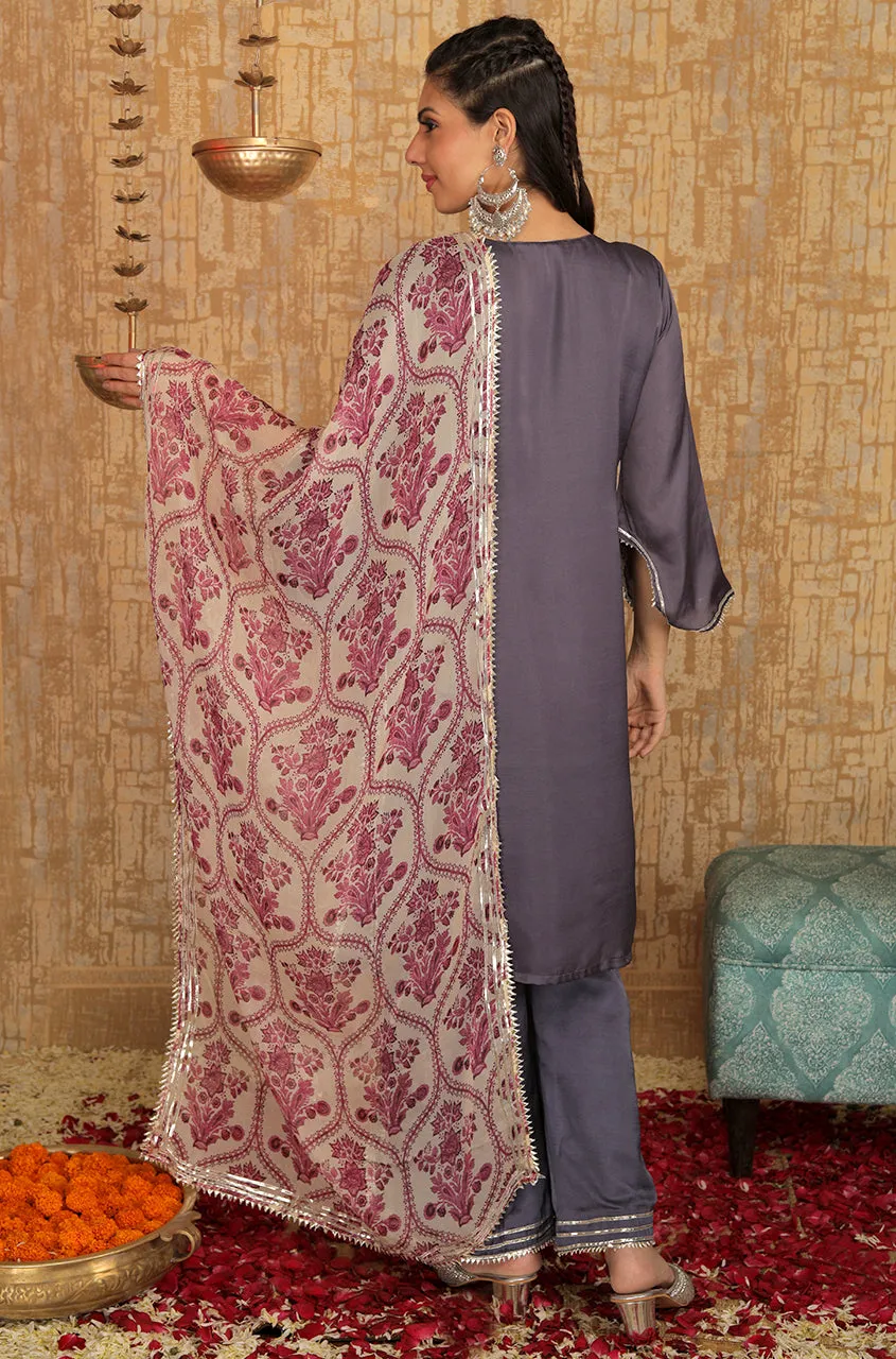 INNAYAT - Grape Three Piece Suit Set With Printed Dupatta