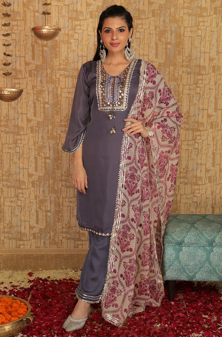 INNAYAT - Grape Three Piece Suit Set With Printed Dupatta