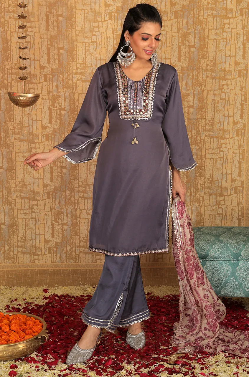 INNAYAT - Grape Three Piece Suit Set With Printed Dupatta