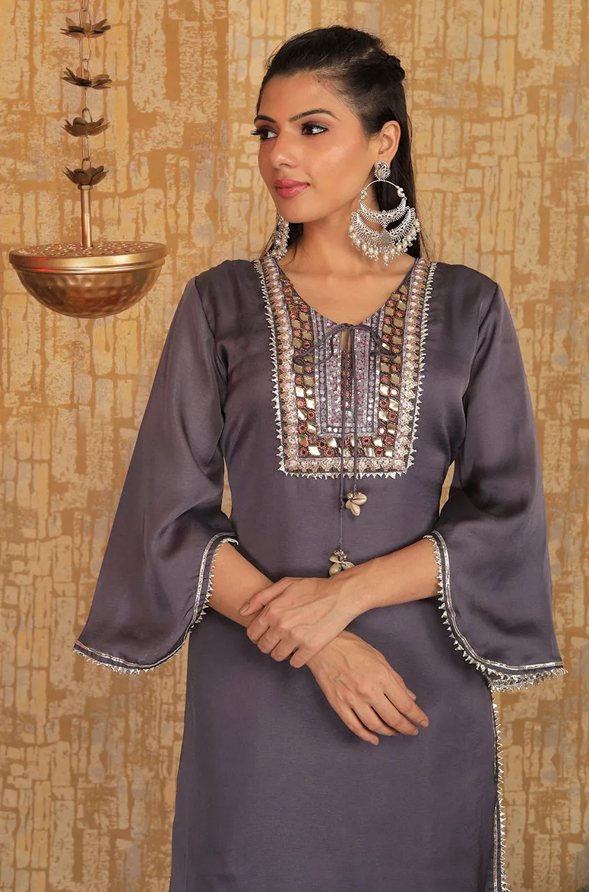 INNAYAT - Grape Three Piece Suit Set With Printed Dupatta