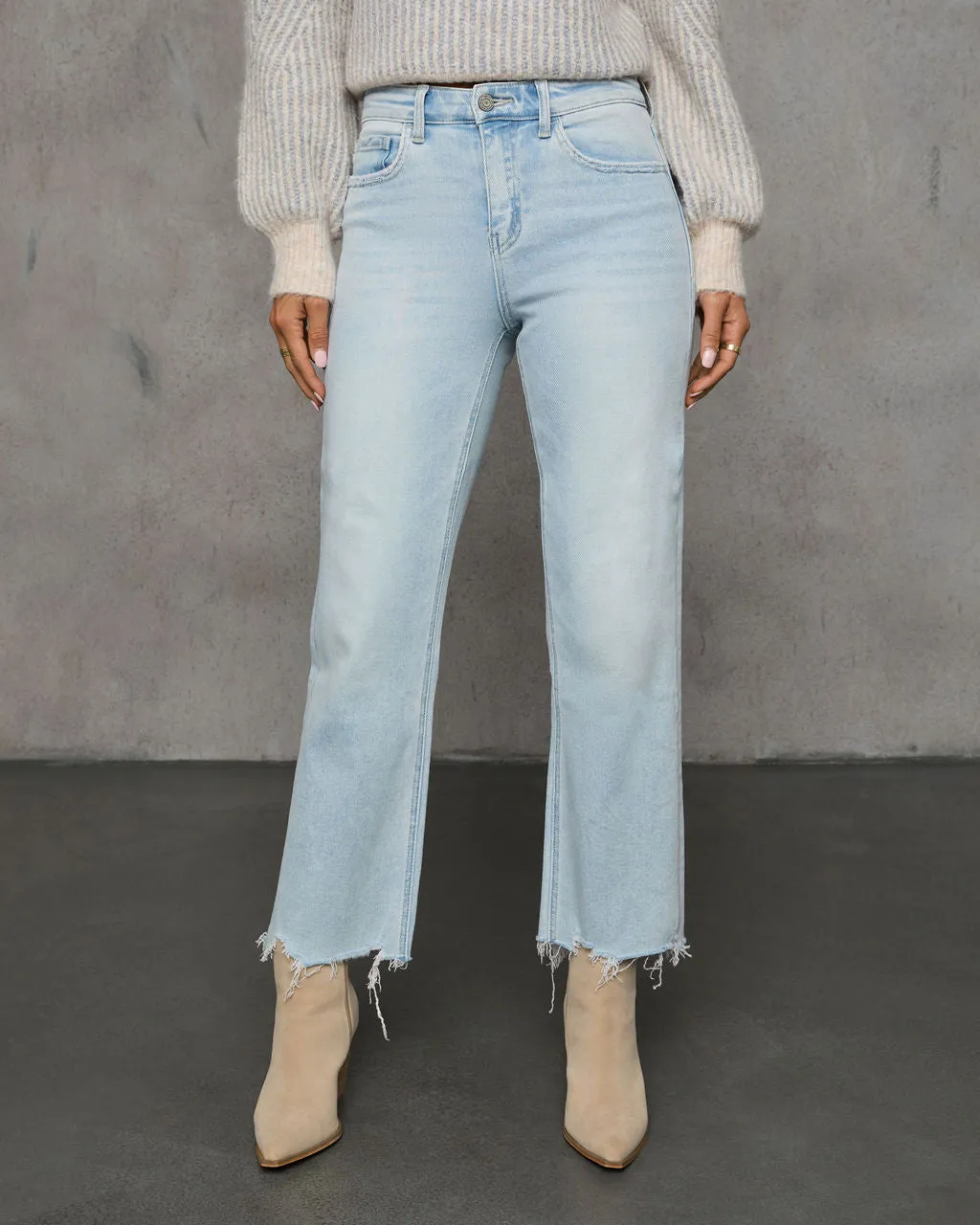 Jalena Mid Rise Raw Hem Straight Leg Denim