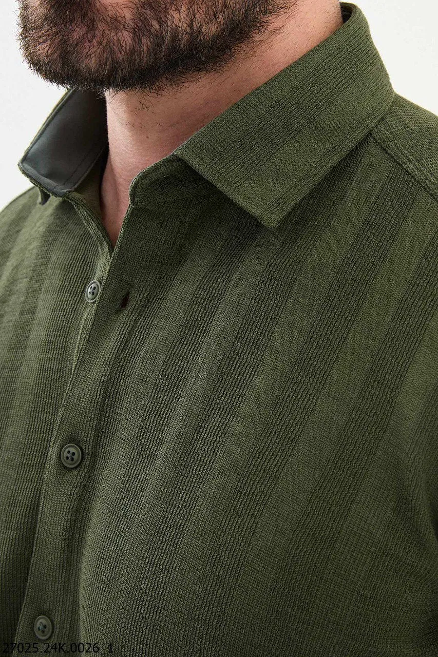 Khaki Textured Long-Sleeve Shirt for Men.