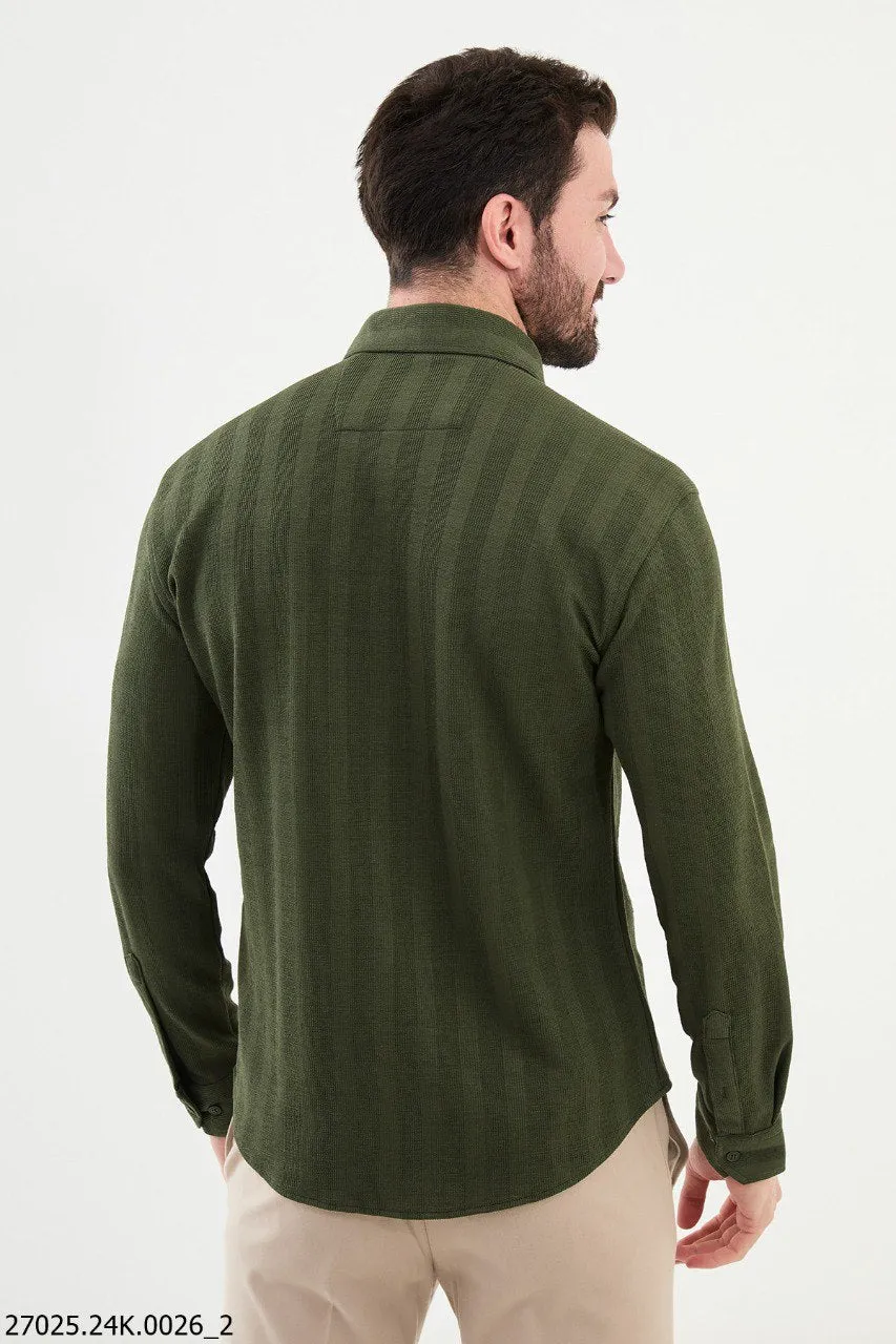 Khaki Textured Long-Sleeve Shirt for Men.