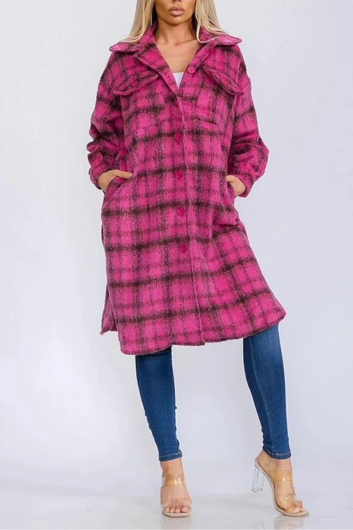 Long Sleeve Button Up Pockets Plaid Coat